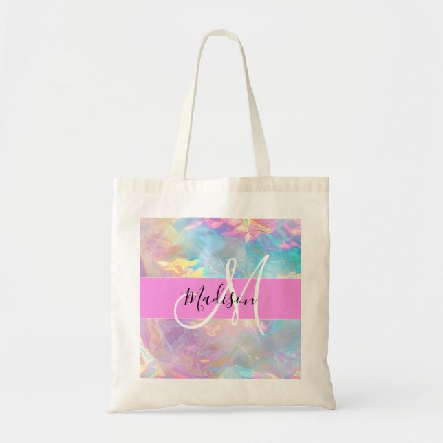 Bolsa Tote Girly Rainbow Holographic Nome do Monograma Irides (Frente)