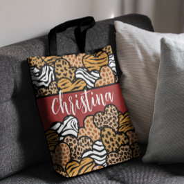 Bolsa Tote Girly Red Playful Animal Print Hearts Name