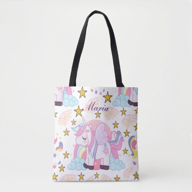 Bolsa Tote Girly Unicorn Rainbow Magical Name Personalizado (Frente)
