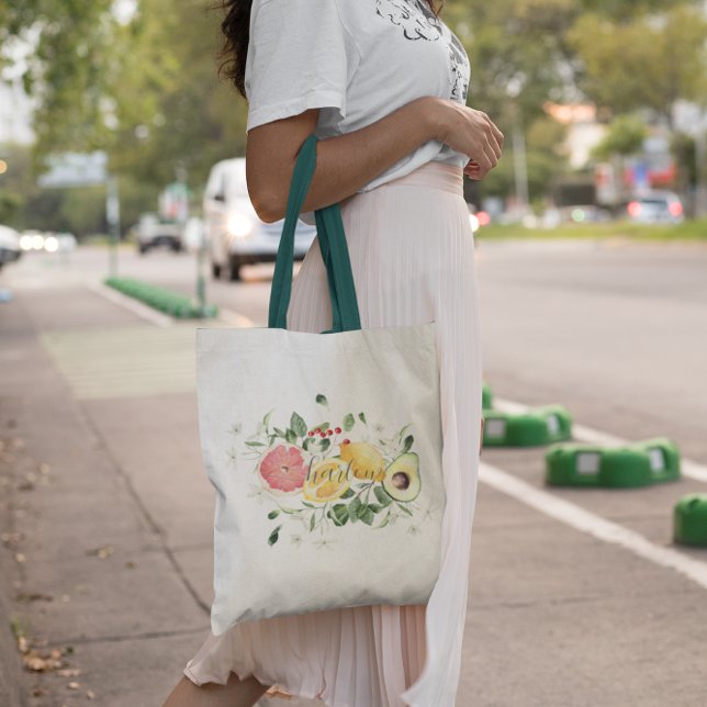 Bolsa Tote Girly Watercolor Tropical Citrus Fruta | Monograma (Criador carregado)
