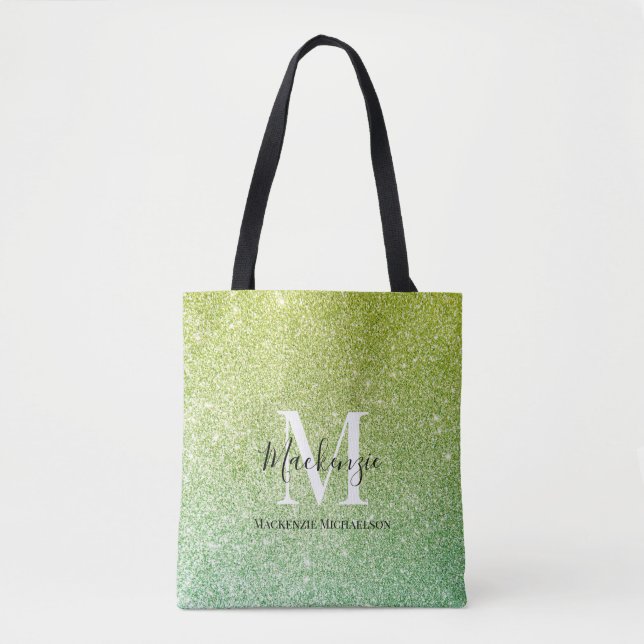 Bolsa Tote Girly Yellow Green Ombre Glitter Nome Monograma (Frente)