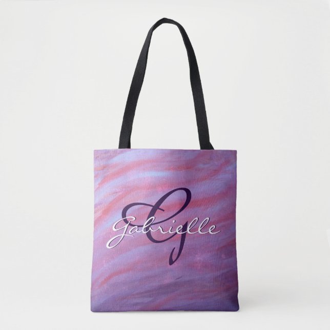 Bolsa Tote Girly Zebra Abstrato | Monograma roxo, cor-de-rosa (Frente)