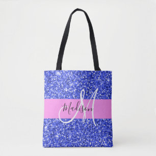 Bolsa Tote Glam Azul Escuro Rosa Brilho Faíscas Nome Monogram