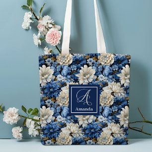 Bolsa Tote Glam Azul Marfim Flores Nome Personaliz