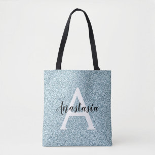 Bolsa Tote Glam Azul Prateado Brilho Faíscas Monograma Nome