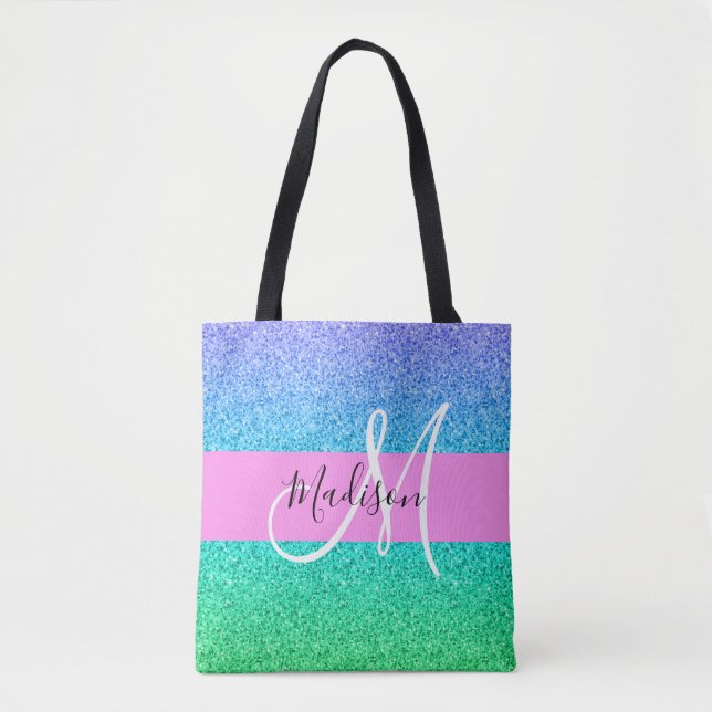 Bolsa Tote Glam Azul Verde Brilho Faísca Gradiente Monograma (Frente)