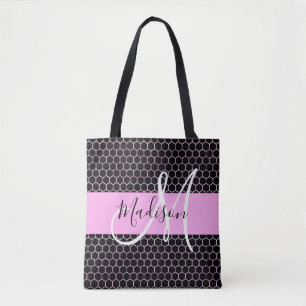 Bolsa Tote Glam Black Metalk Pink Honeycomb Monograma Nome