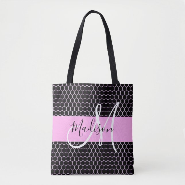 Bolsa Tote Glam Black Metalk Pink Honeycomb Monograma Nome (Frente)