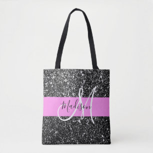 Bolsa Tote Glam Chic Rosa Preto Brilho Brilhar Nome Monograma