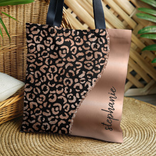 Bolsa Tote Glam Leopard Spots Rosa Dourado Nome Metálico Negr