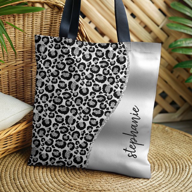 Bolsa Tote Glam Leopardo Manchas Black Silver Nome Metálico (Criador carregado)