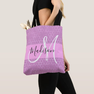 Bolsa Tote Glam Lilac Metálico Rosa Honeycomb Monograma Nome