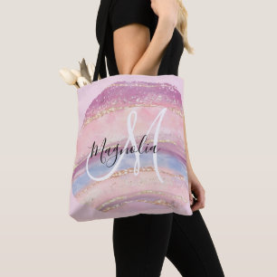 Bolsa Tote Glam Ouro Rosa Azul Monograma de Pedra Preciosa Pi