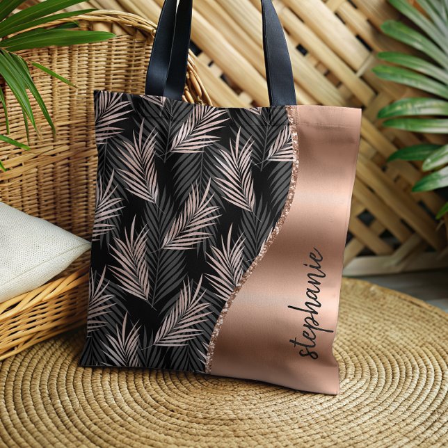 Bolsa Tote Glam Palm Deixa Rosa Dourado Nome Metálico Negro (Criador carregado)