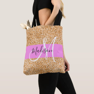 Bolsa Tote Glam Pink & Copper Glitter Sparkles Nome do Monogr