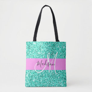 Bolsa Tote Glam Pink e Aqua Glitter Sparkles Nome do Monogram