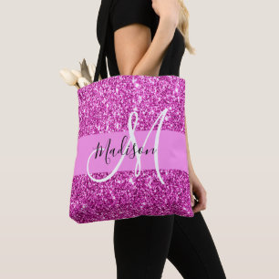 Bolsa Tote Glam Pink & Magenta Glitter Sparkle Nome do Monogr
