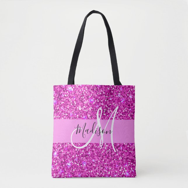 Bolsa Tote Glam Pink & Magenta Glitter Sparkle Nome do Monogr (Frente)