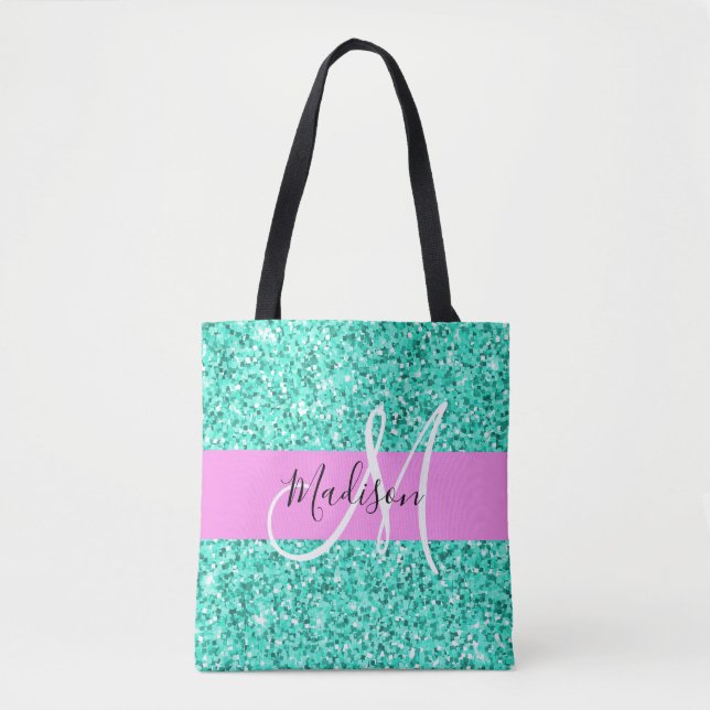 Bolsa Tote Glam Pink Turquoise Glitter Sparkles Nome do Monog (Frente)