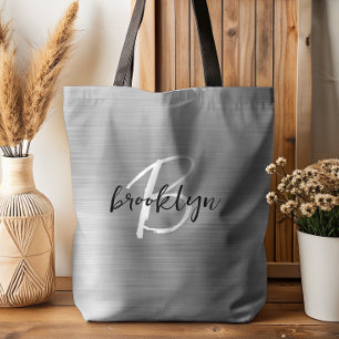 Bolsa Tote Glam Prata Metal Bruscado Monograma Preto Branco
