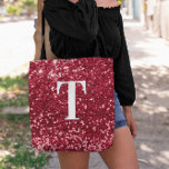 Bolsa Tote Glam Red Faux Glitter Bokeh Sparkles Monograma<br><div class="desc">Um moderno monograma solteiro em branco com uma sombra negra. O tamanho, a cor e o estilo da fonte são personalizáveis. O fundo é um brilho vermelho sujo com pontos cintilantes ou bokeh. Mova ou elimine as minúsculas imagens de cinza. Presente de moça para uma dama de honra ou outro...</div>