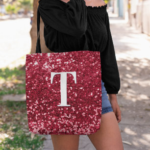 Bolsa Tote Glam Red Faux Glitter Bokeh Sparkles Monograma