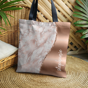 Bolsa Tote Glam Rosa Dourado Mármore Branco Nome Metálico