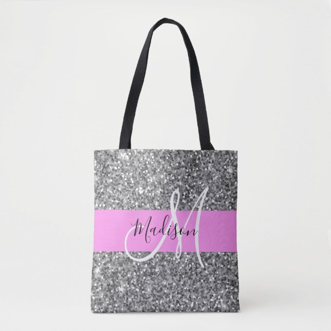 Bolsa Tote Glam Rosa e Monograma com Brilho Prateado (Frente)