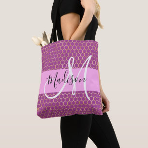 Bolsa Tote Glam Rosa Metálico Rosa Favo de Mel Monograma Nome