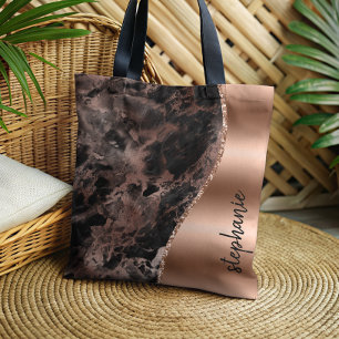 Bolsa Tote Glam Rosa Preto Dourado Mármore Metálico Nome