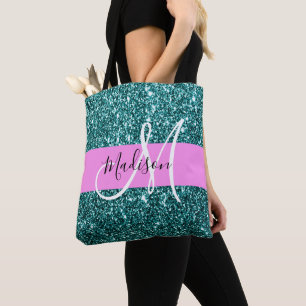 Bolsa Tote Glam Rosa Verde Azul Glitter Faísca Monograma Nome