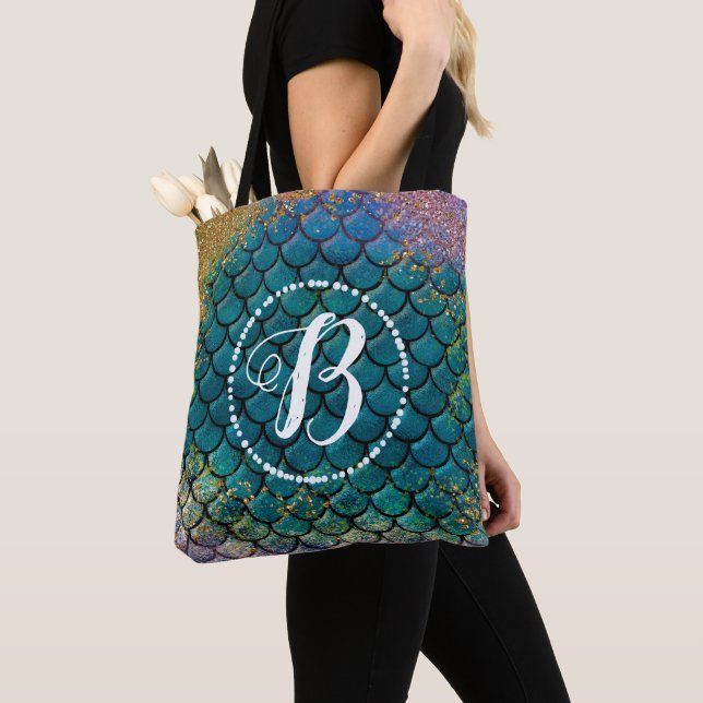 Bolsa Tote Glam Smermaid Fish Scalle Teal Purple Dourado Spar (Close Up)