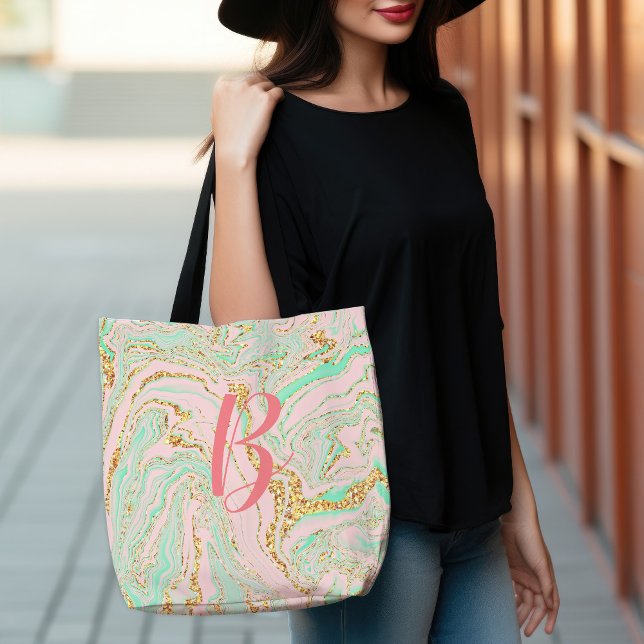 Bolsa Tote Glamorous Modern Bonito Mint Marbling Dourado (Glamorous Modern Pretty Pink Mint Gold Marbling Tote Bag)