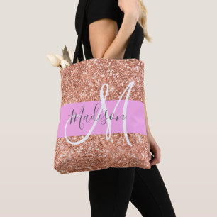 Bolsa Tote Glamour Feminino Rosa Dourado Glitter Monograma No