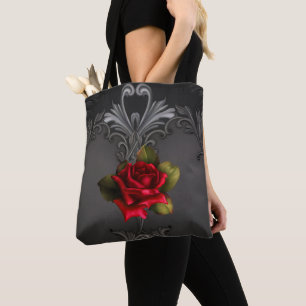 Bolsa Tote Glamour Gótico Rosa Vermelha Preta Ornamental Glam