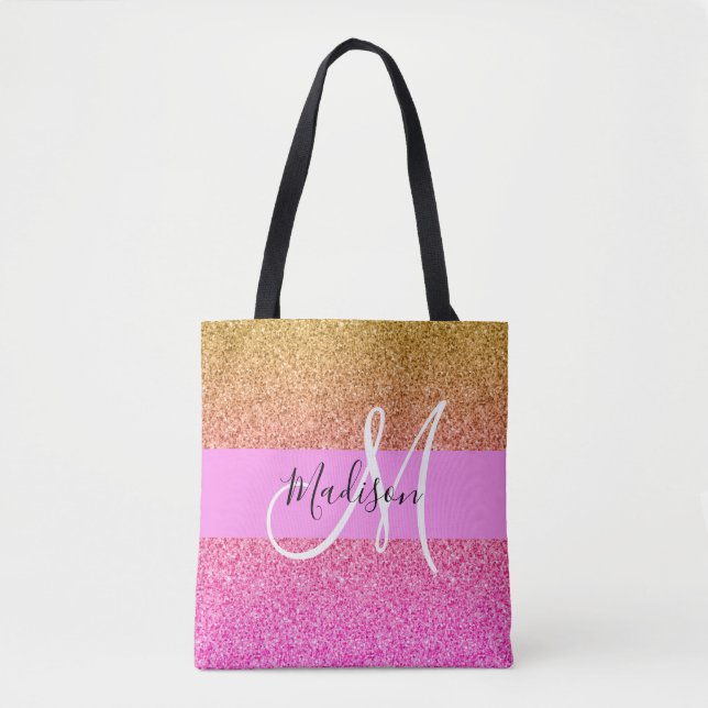 Bolsa Tote Glamour Rosa & Dourado Brilho Gradiente Monograma (Frente)
