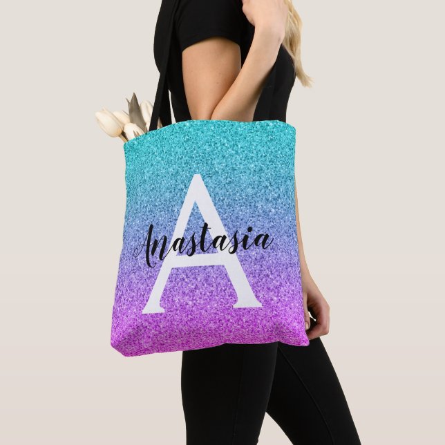 Bolsa Tote Glamour Roxo Água Brilho Gradiente Monograma (Close Up)