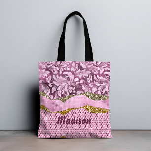 Bolsa Tote Gliteria floral Elegante Monograma cor-de-rosa púr