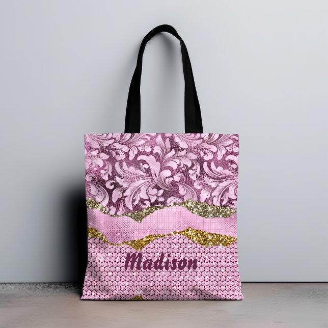 Bolsa Tote Gliteria floral Elegante Monograma cor-de-rosa púr (Criador carregado)