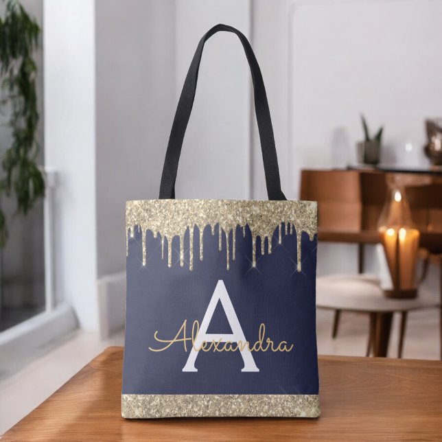 Bolsa Tote Glitter Azul Marinho Dourado Monograma Elegante (Criador carregado)