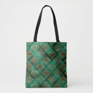 Bolsa Tote Glitter Chic Elegante Dourado Damasco Verde