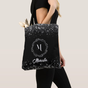 Bolsa Tote Glitter De Prata E Elegante Preto Monograma