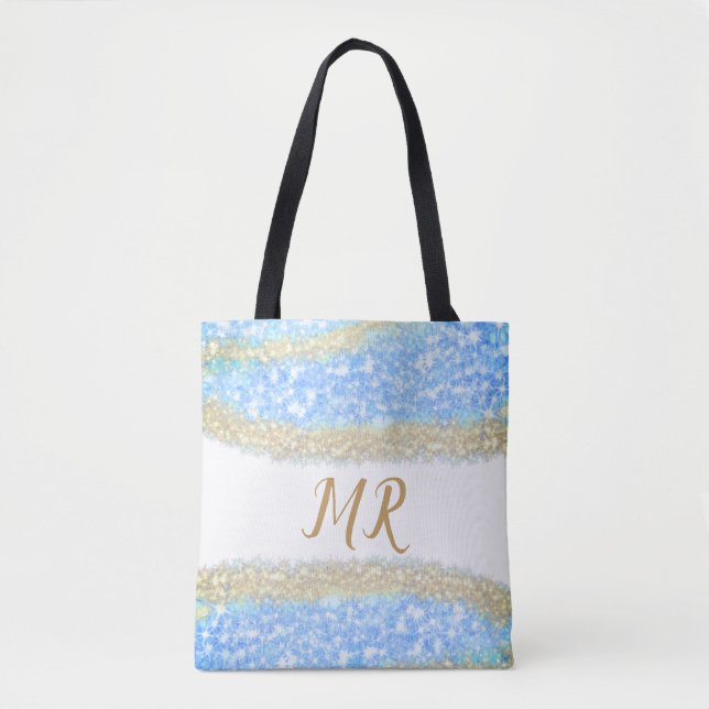Bolsa Tote glitter dourado azul glitter glitter nome monogram (Frente)