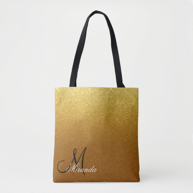 Bolsa Tote Glitter Dourado Chic Monograma (Frente)