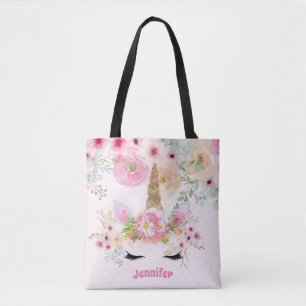 Bolsa Tote Glitter Dourado Rosa Unicorn Face Flores Garotas P