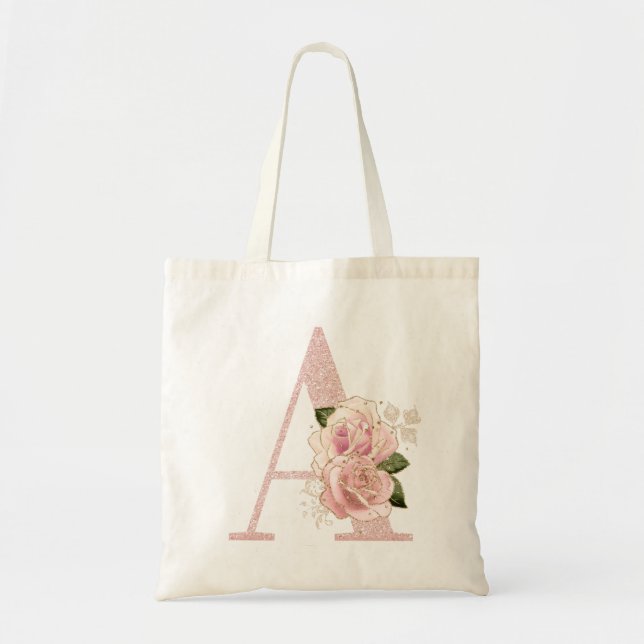 Bolsa Tote Glitter Floral Monograma A Rosa Dourado Girly (Frente)