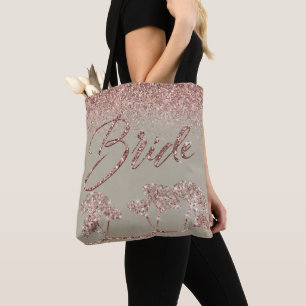Bolsa Tote Glitter Gingko Rosa Dourado na Cinza Mist Bride