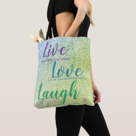 Bolsa Tote Glitter Inspire Live Love Laugh Blue Green Purple