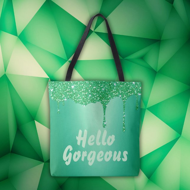 Bolsa Tote Glitter verde com monograma, Olá, Gorgez | (Criador carregado)
