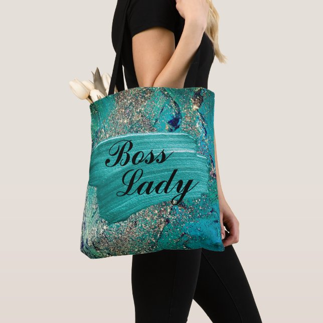Bolsa Tote Glittery Aqua Paint Strokes Boss Lady (Close Up)